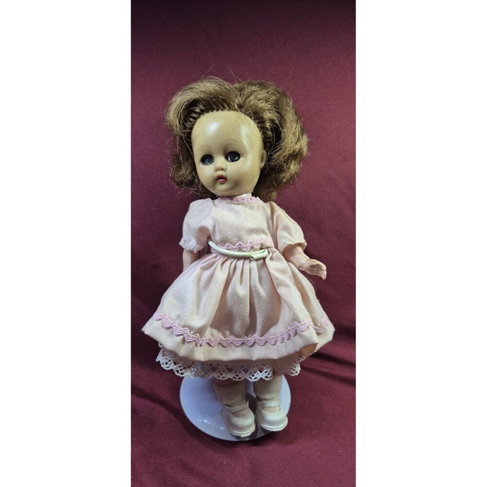 Vintage 1950s Vogue Ginny Doll 8" Hard Plastic Sleep Eyes Pink Dress Stand